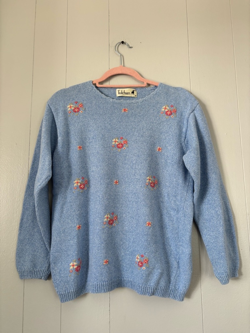 Vintage Tulchan Floral Embroidered Sweater 100% Cotton Blue Cottagecore Size M